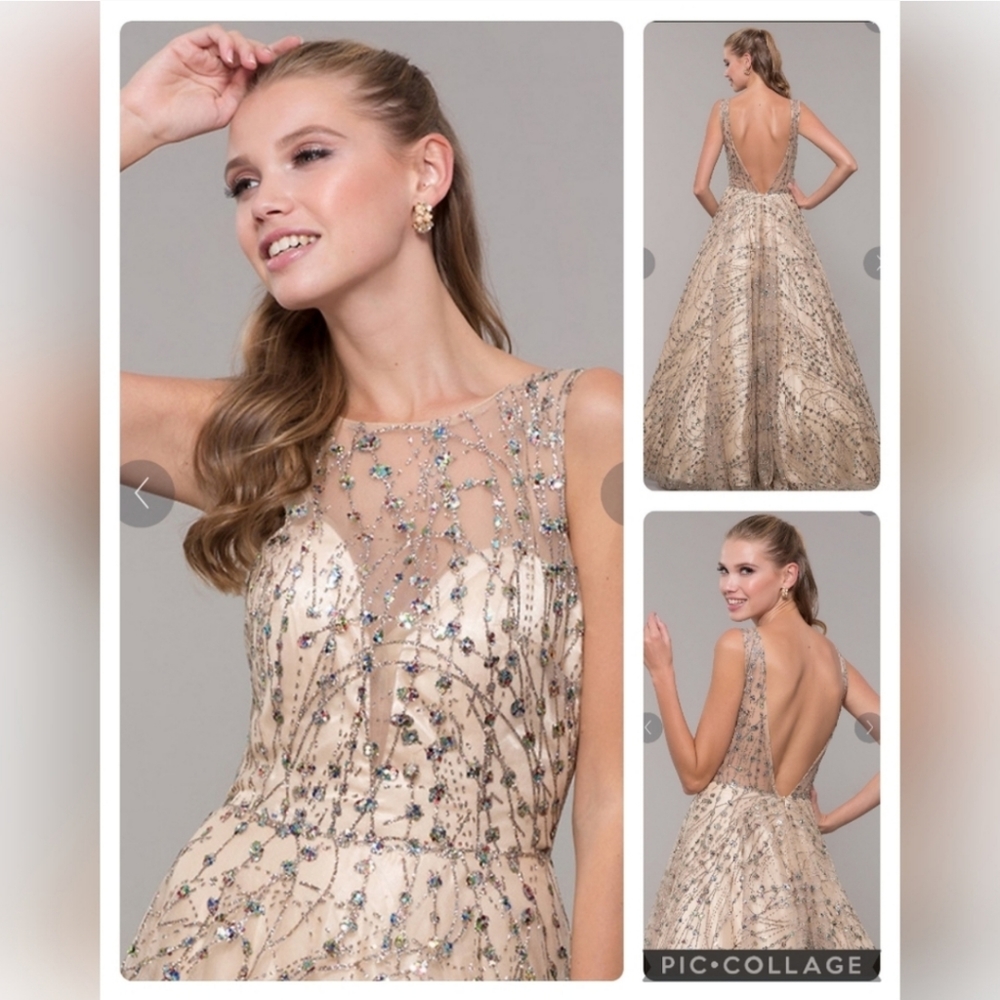 Extravagent Champagne Sequins Glitter Ball Gown Size 2